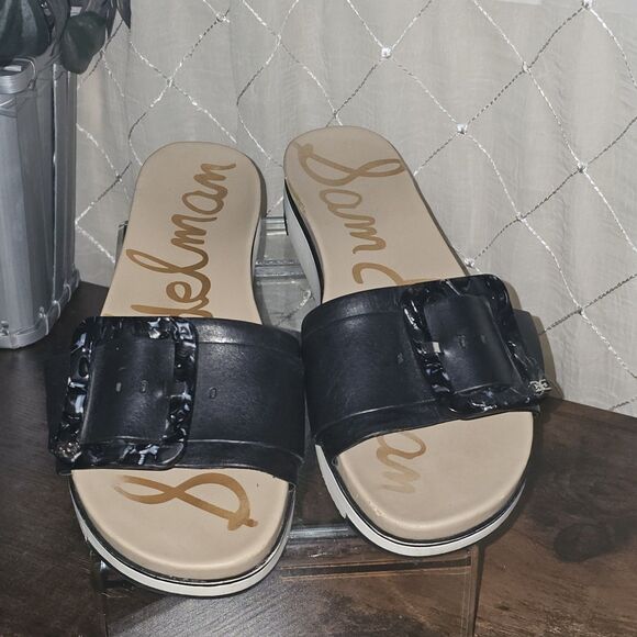 🔥 Sam Edelman Ariane Womens Sz 9 1/2 Black Leather Buckle Slide Sandals Shoes - Picture 3 of 11
